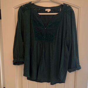 Beautiful Meadow Rue for Anthropologie Teal Lace Accent Blouse Size XL
